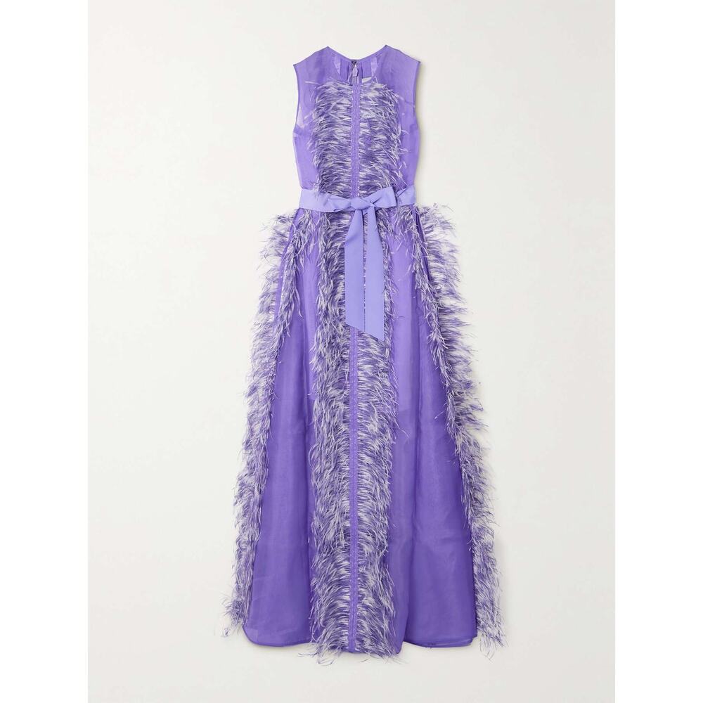 HUISHAN ZHANG Women's Purple 100% Silk Beau Feather Trim Maxi Gown Size US 6 - Picture 11 of 16